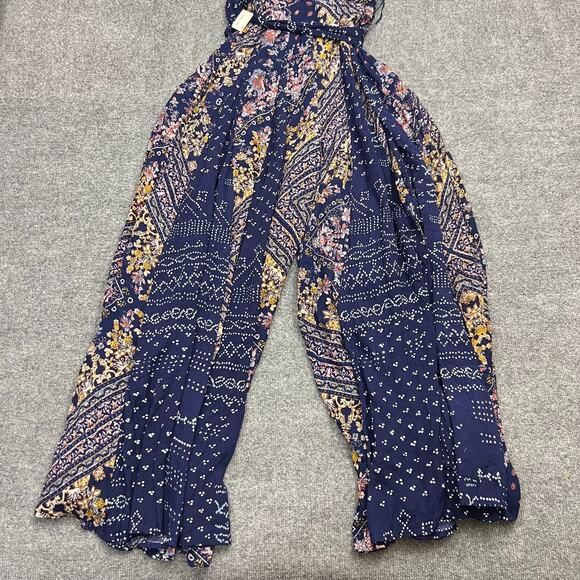 Free People Shangri-La Wide Leg Halter Jumpsuit Blue Scarf Print Sz 2 NEW $198 - Picture 5 of 16
